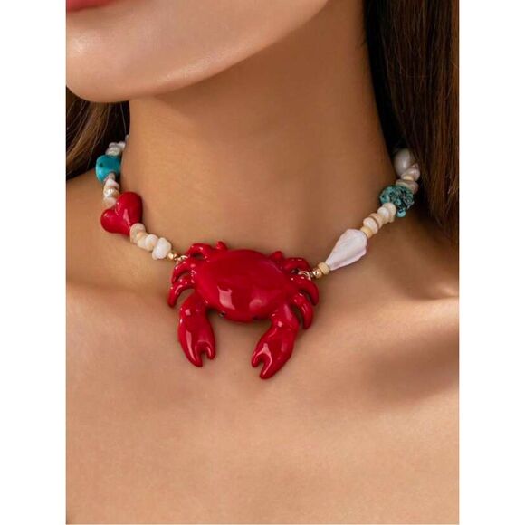 Zara Jewelry - Red Crab Pendant Beaded Choker Necklace N2109